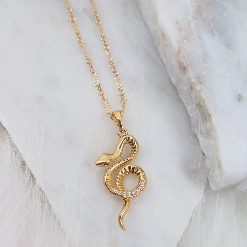14K Gold Plated Pave CZ Gems Snake Pendant Charm Necklace